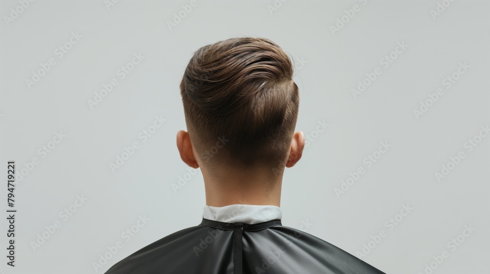 Rear view of a person with stylish hair and wears a black hairdressers cape against white background. Rear view of a person with stylish hair and wears a black hairdressers cape against white background.