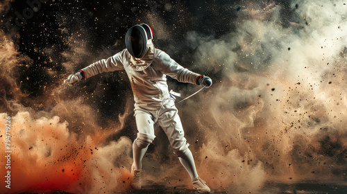 Dynamic movement of a fencer during competition. Dynamic jump in the dust of multi-colored victory. photo