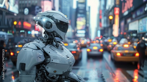 A robotic law enforcement officer directing traffic in a crowded city