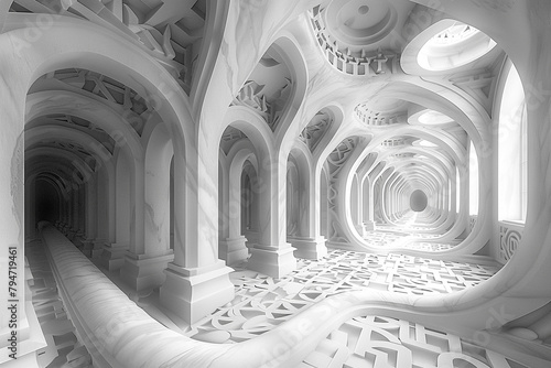 Interlocking layers of geometric shapes forming a labyrinthine maze, leading the viewer on a journey through the depths of imagination and possibility in a surreal display of digital artistry.