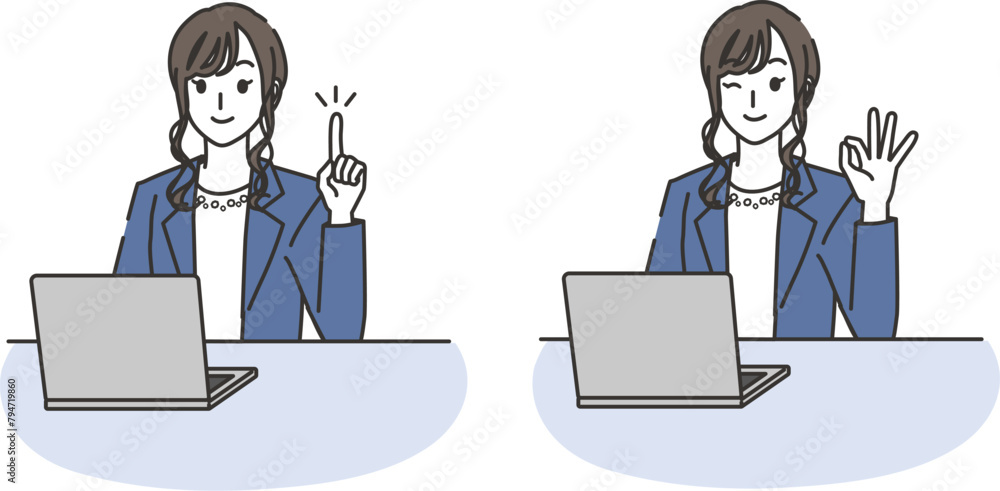 パソコンと指差しポーズ・OKポーズをするオフィスカジュアルコーデの女性