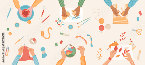 Handicraft art class hobby flat illustration, top view colorful DIY handcraft pottery workshop concept, hands create craftwork group banner, children handmade painting activity vector background.