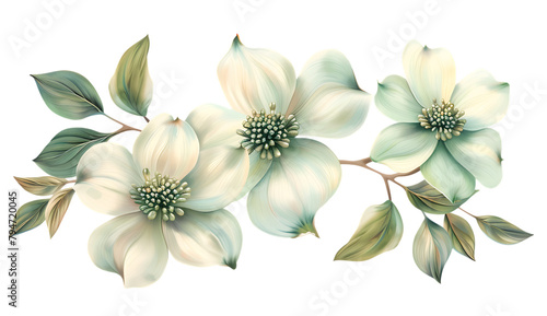 3 beautiful pastel greenish white Dogwood flowers with leaves on solid white background photo