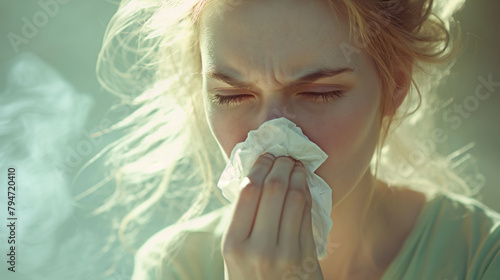 girl sneezes into a handkerchief, pollen allergy photo