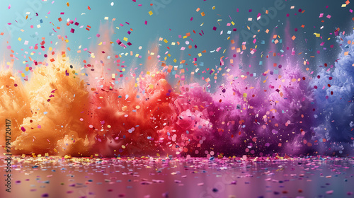 Colorful confetti explosion for celebration, Confetti in a rainbow of colors bursting outwards with a slight motion blur photo
