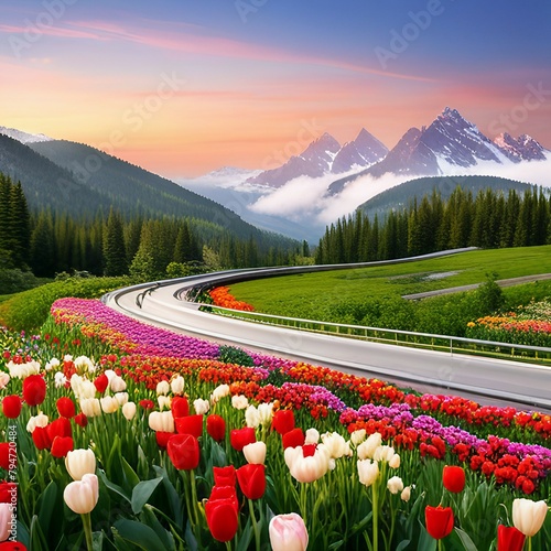 the essence of spring along a busy highway  where a verdant belt of foliage bursts forth with the vibrant colors