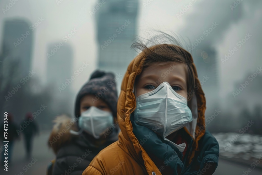 Two children wearing pollution masks in a smoggy urban environment. Two children wearing pollution masks in a smoggy urban environment.