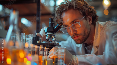 A scientist conducts research in a laboratory. Students conduct research on the virus in the laboratory.