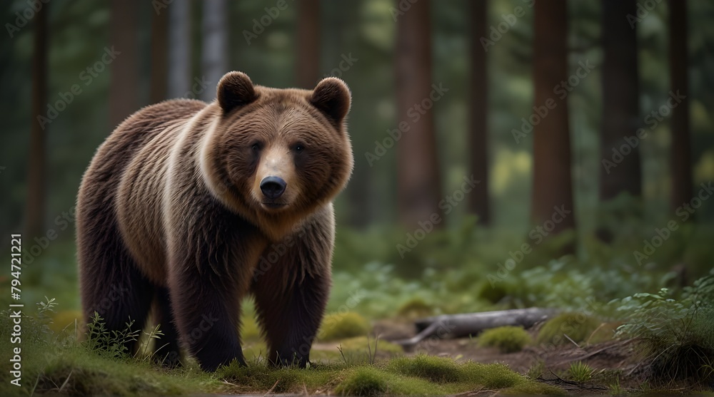 Bear in a beautiful forest against the background of mountains.generative.ai Bear in a beautiful forest against the background of mountains.generative.ai
