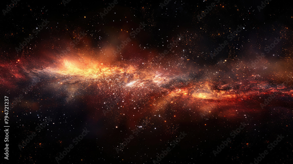 Dynamic and colorful galaxy background with swirling nebula and sparkling stars set against the dark expanse of space