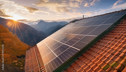 solar panels on the roof of a house, High angle view of solar photovoltaic panels on roof, alternative energy, saving resources and sustainable lifestyle concept.