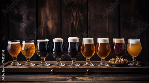A variety of beers in different glasses on a wooden table. photo