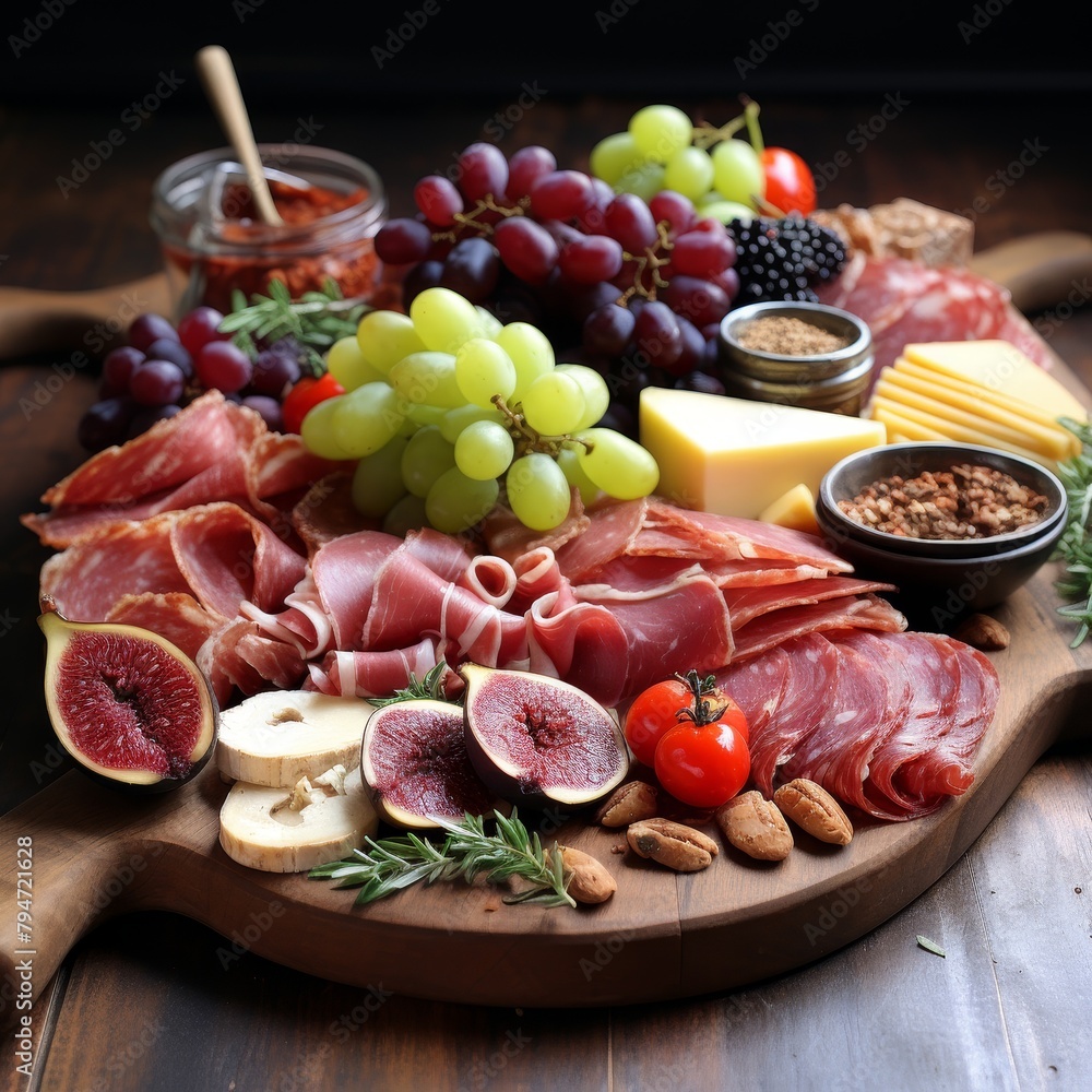 A wooden board filled with cured meats, cheeses, fruits, and nuts.