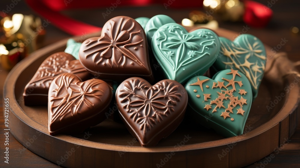 A wooden plate full of heart-shaped chocolates. The chocolates are decorated with various patterns. A wooden plate full of heart-shaped chocolates. The chocolates are decorated with various patterns.
