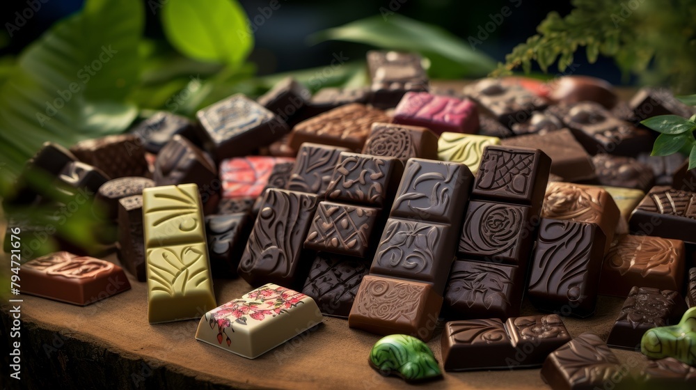 A wooden table covered in a variety of chocolate bars, surrounded by green leaves. A wooden table covered in a variety of chocolate bars, surrounded by green leaves.