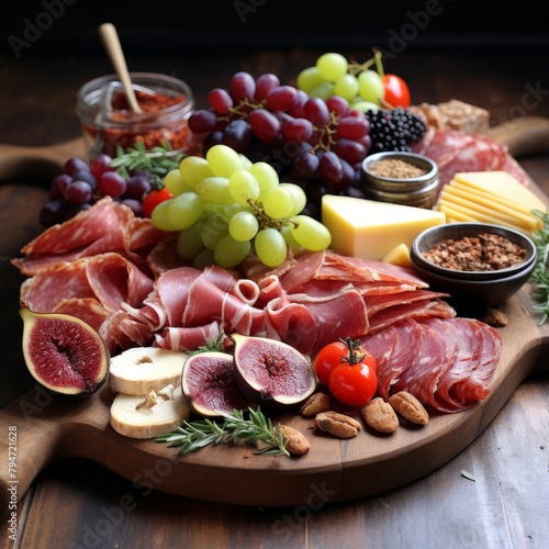 A wooden board filled with cured meats, cheeses, fruits, and nuts.
