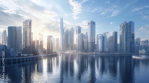  A futuristic city skyline dominated by sleek skyscrapers with reflective glass facades, towering against a backdrop  © Sundas