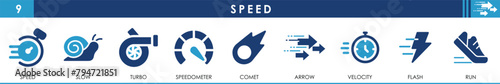 Speed icon set. Containing fast, slow, movement and so on. Flat fast icons.