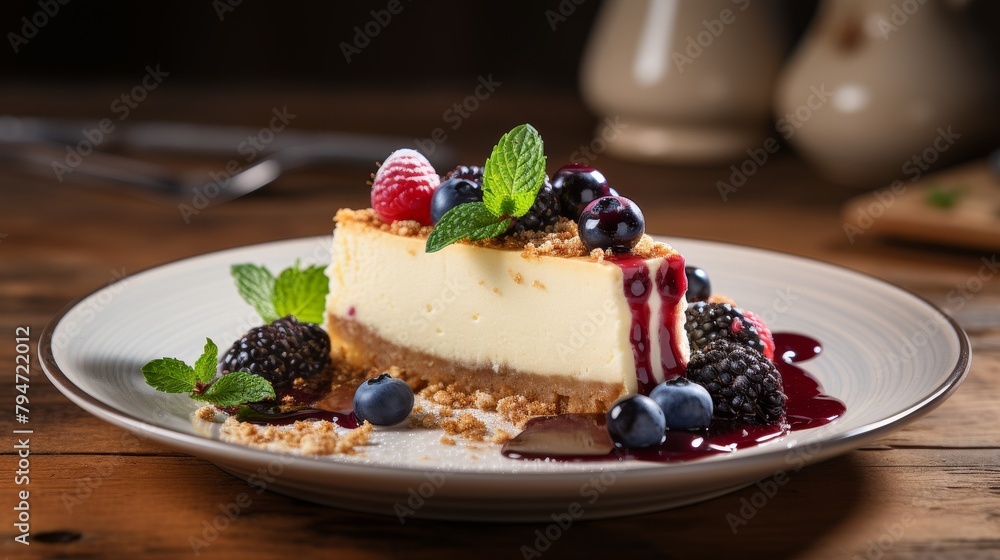 Cheesecake with fresh berries and mint on a white plate. Cheesecake with fresh berries and mint on a white plate.