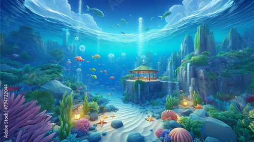 a painting of a underwater world with a fish tank and a building in the background.