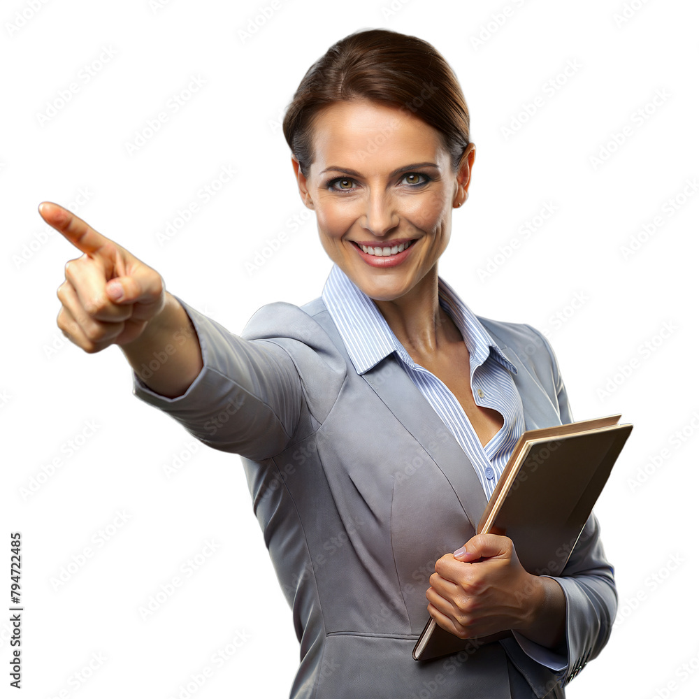 Confident Businesswoman Pointing and Holding Notebook Confident Businesswoman Pointing and Holding Notebook