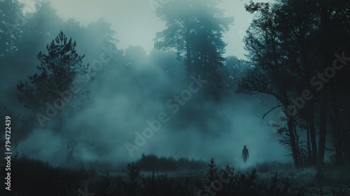 A shadowy figure looming in a foggy forest at dusk, suggesting a ghostly presence