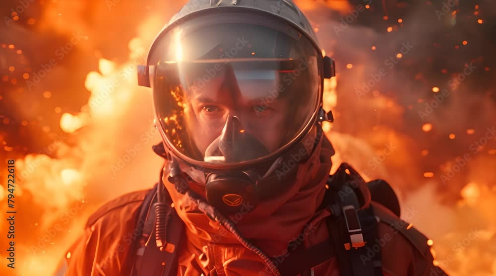 Portrait of a firefighter with a fire burning on background. Portrait of a firefighter with a fire burning on background.