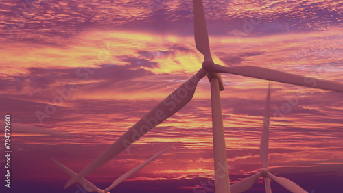 Power generation by wind turbines 3d render. Wind turbines on sea. Offshore windmill park. 3d rendering illustration