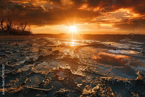 Sunset over a landscape with waterlogged and cracked soil. photo