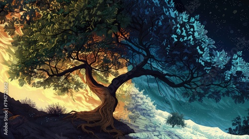 A surreal depiction of a tree painted in vivid colors of green and yellow on one half, capturing the essence of a bright sunny day