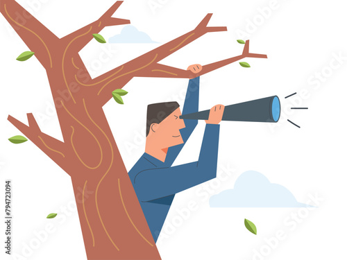 Man looks through telescope climbing tree, spying or looking for shortest way