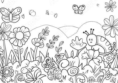 simple coloring page for kids with cute cartoon insects