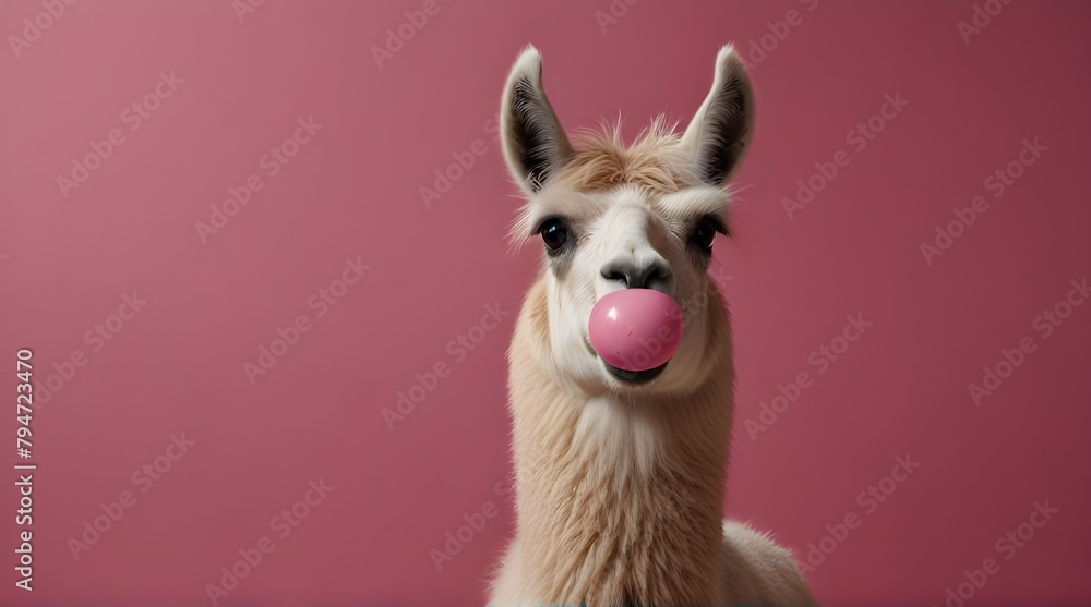 Funny llama blowing gum isolated on hot pink background.generative.ai
