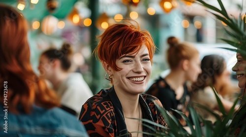 Generative AI : woman with short red hair with friends at an outdoor cafe
