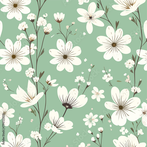 Seamless pattern with tiny  spring blossoms and flowers on a soft green background