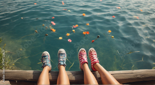 Top view, close-up of legs of children relaxing in lake on vacation, hot summer day.