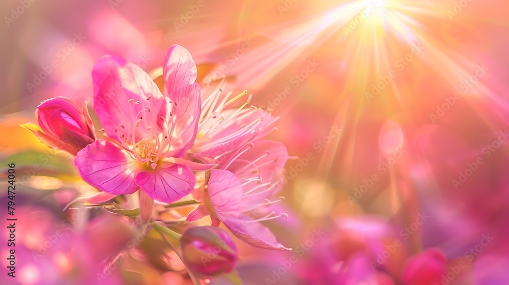 Generative AI : Spring blossom background. Beautiful nature scene with blooming tree and sun flare.