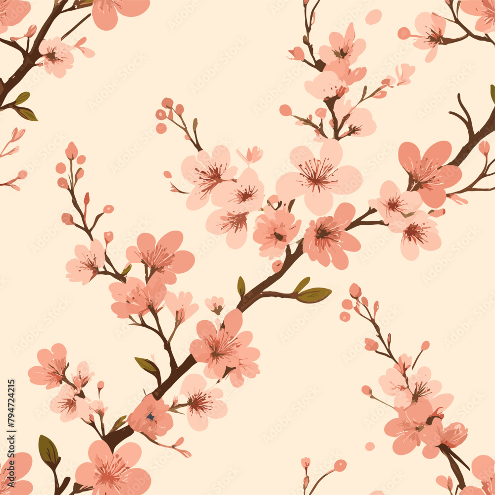 Seamless pattern with whimsical cherry blossoms and flowers on a soft peach background