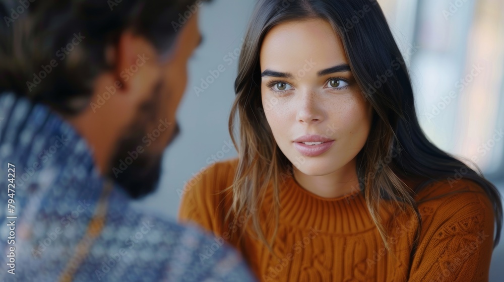 Close-up of a woman engaging in a deep conversation with a blurred man in the background. Close-up of a woman engaging in a deep conversation with a blurred man in the background.