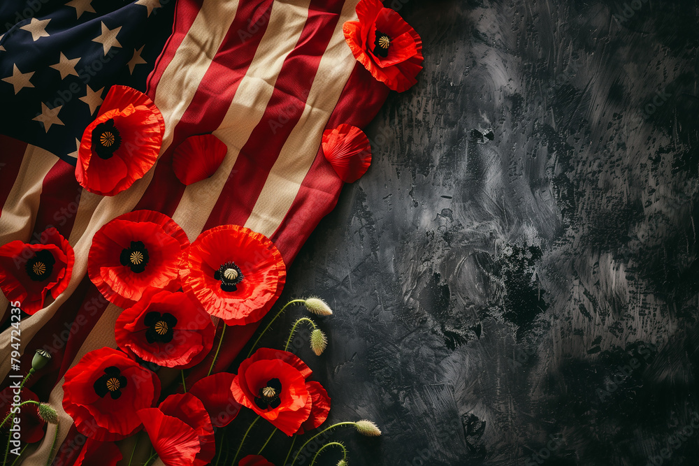 Red poppies on American flag, memorial day generative by ai Stock Photo ...