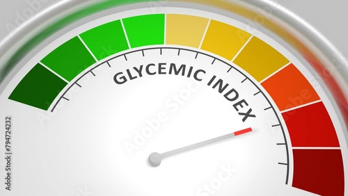 Glycemic index level on measure scale. Instrument scale with arrow. Colorful infographic gauge element. Flat diabetes healthcare animation. photo