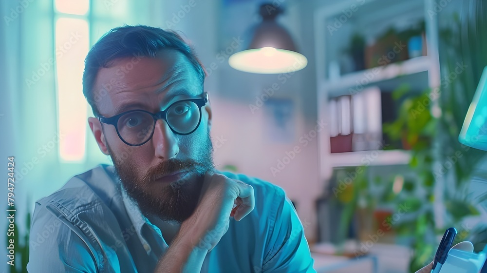 man in glasses looking at camera with lamp and book shelf. man in glasses looking at camera with lamp and book shelf.