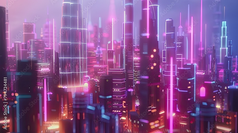 Futuristic cityscape with holographic skyscrapers