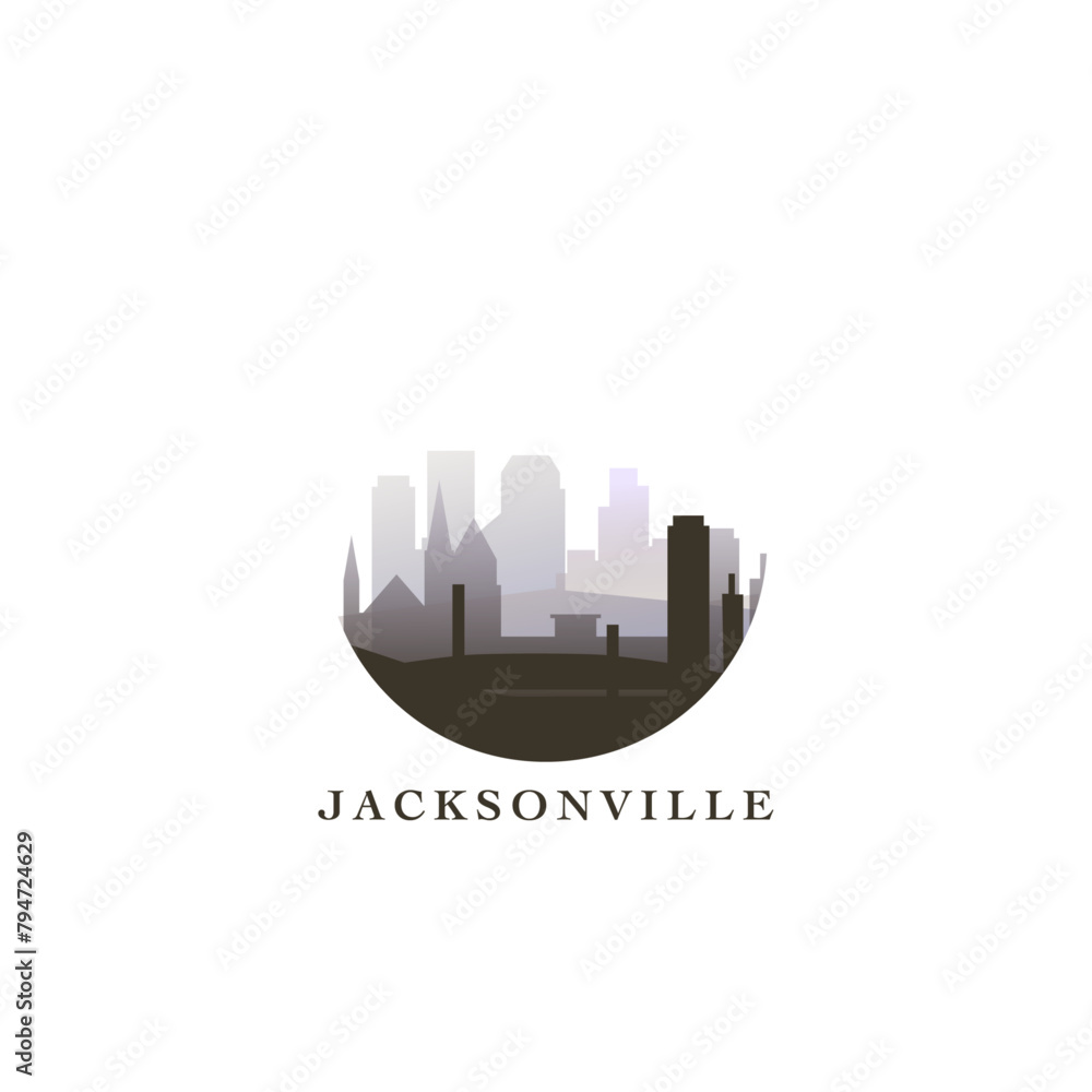 Jacksonville cityscape, vector gradient badge, flat skyline logo, icon. USA, Florida state city round emblem idea with landmarks and building silhouettes. Isolated abstract graphic