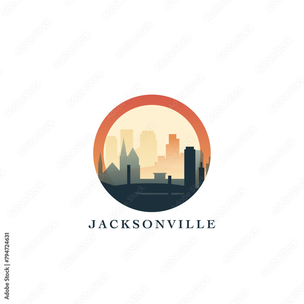 Jacksonville cityscape, vector gradient badge, flat skyline logo, icon. USA, Florida state city round emblem idea with landmarks and building silhouettes. Isolated abstract graphic Jacksonville cityscape, vector gradient badge, flat skyline logo, icon. USA, Florida state city round emblem idea with landmarks and building silhouettes. Isolated abstract graphic