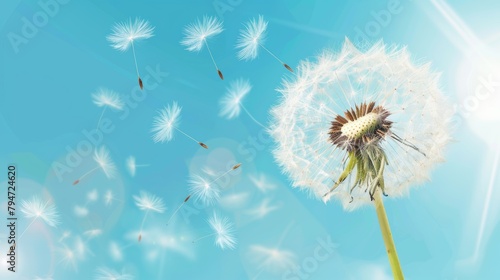 Dandelion fluff dispersing in the breeze on a clear blue background, symbolizing change and transition. photo