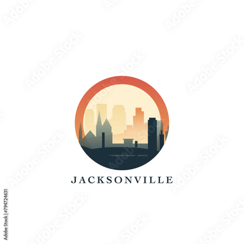 Jacksonville cityscape, vector gradient badge, flat skyline logo, icon. USA, Florida state city round emblem idea with landmarks and building silhouettes. Isolated abstract graphic