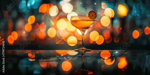 Elegant cocktail in a stemmed glass, adorned with a citrus slice, against a backdrop of warm bokeh lights. photo
