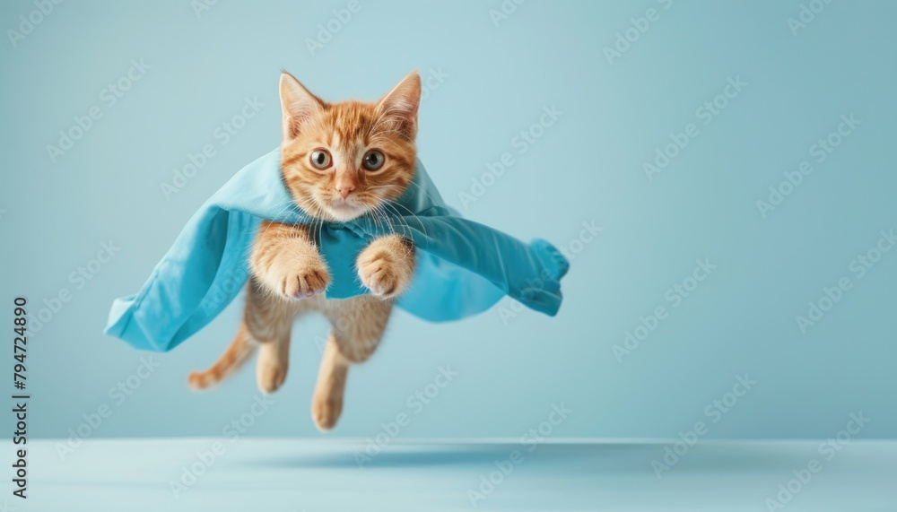 A cat wearing a blue cape and blue mask is flying through the air by AI generated image