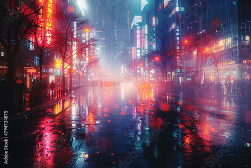 Neon-lit cityscape reflected in a shimmering pool of water  distorting the urban landscape into a surreal mirage of light and shadow in a surreal display of digital artistry.
